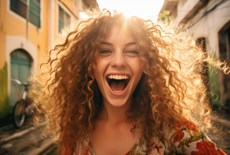 the women is happy because the day is sunny but her hair is frizzy.の素材