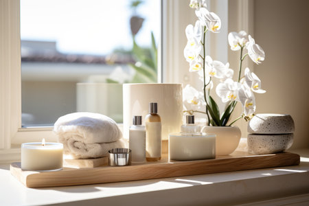 spa supplies sitting on a wooden shelf with a window view.の素材