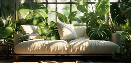 the monstera leaf plant is in a room with sunlight.の素材