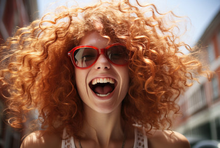 the women is happy because the day is sunny but her hair is frizzy.の素材