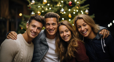 couples and a young dog, smiling in front of a Christmas tree.の素材