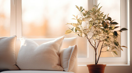 white couch with a plant near the window.の素材