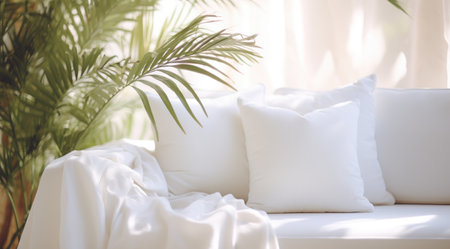 white couch with a plant near the window.の素材