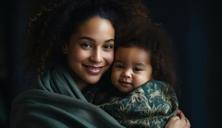 woman embracing her newborn child and smiles into the camera.の素材