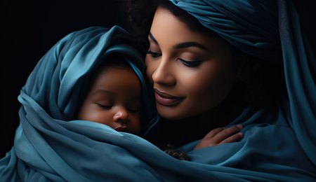 young mother is holding her newborn child.の素材