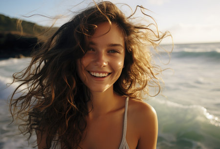 woman smiling in front of the ocean.の素材