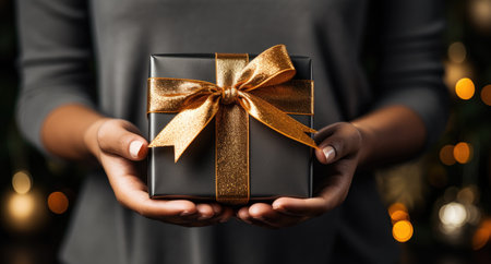 woman with dark hair holding a gold gift box.の素材