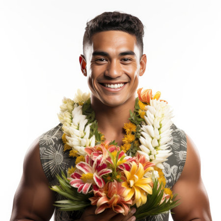 young hawaian man with flowers bouquet isolated.の素材