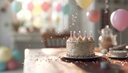 a birthday cake sitting on a table with balloons.の素材