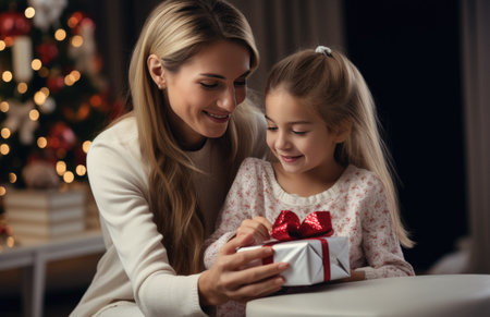 young woman gives her daughter a gift on the couch.の素材