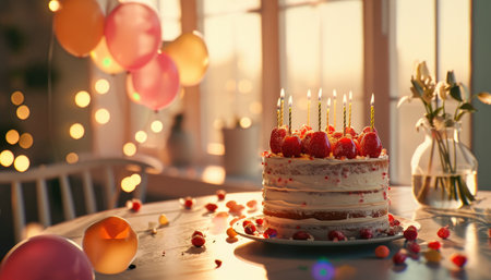 a birthday cake sitting on a table with balloons.の素材