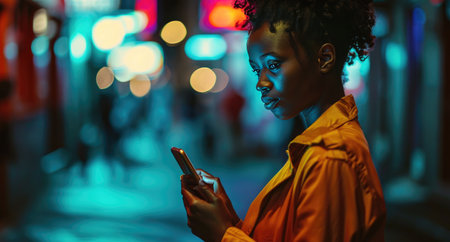 a black woman using a smartphone in a city street.の素材