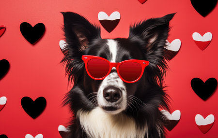 a border collie wearing glasses with hearts in them.の素材