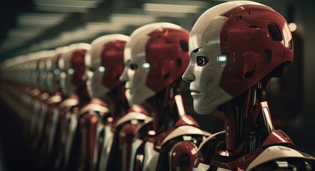 a large line of robotic robots sitting in a computerbased location.の素材