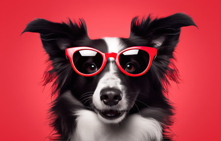 a border collie wearing glasses with hearts in them.の素材