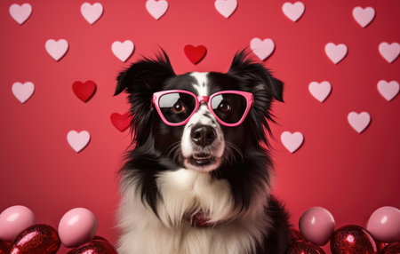 a border collie wearing glasses with hearts in them.の素材