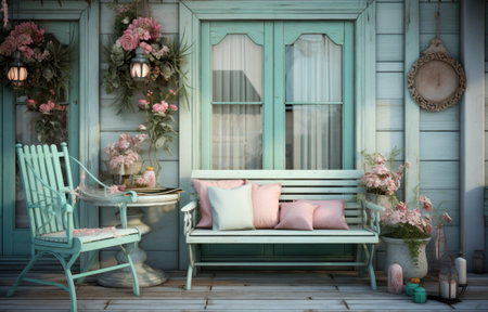 a home with a small wooden porch and chairs.の素材