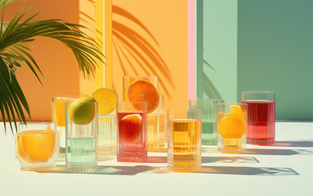 a glass full of different juices sitting on top of a table.の素材