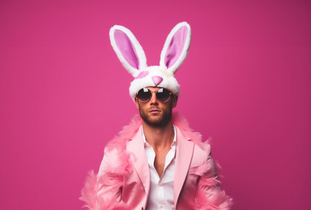 a man is wearing a bunny ears in front of a pink background.の素材