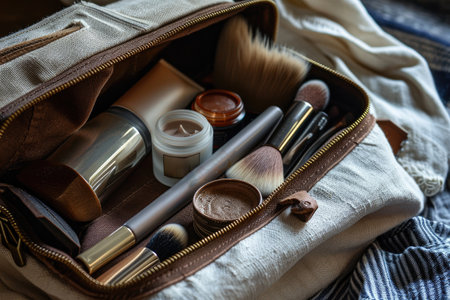 A minimalist image of a makeup pouch with carefully arranged products.の素材