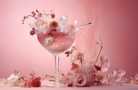 a pink cocktail with ice in it surrounded by pink flowers.の素材