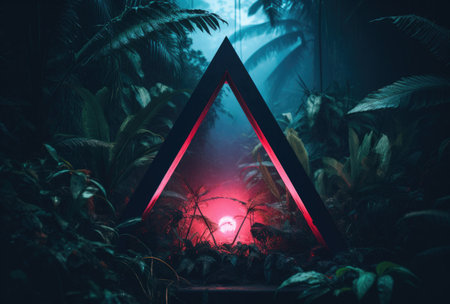 a neon triangle in front of a green tropical environment.の素材
