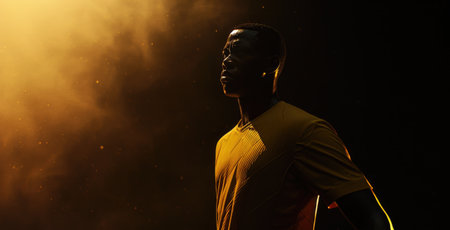 a soccer player in a yellow tshirt on a dark background.の素材