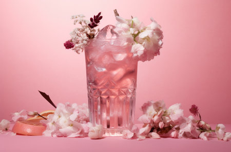 a pink cocktail with ice in it surrounded by pink flowers.の素材