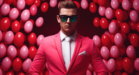 a young man in a red suit standing in front of an easter egg with sunglasses on.の素材