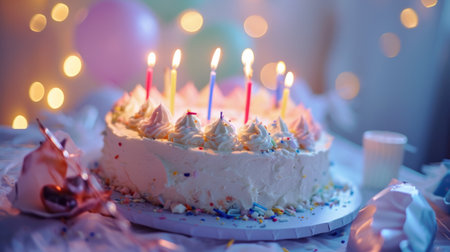 birthday cake or birthday cake decoration with candles on white background.の素材