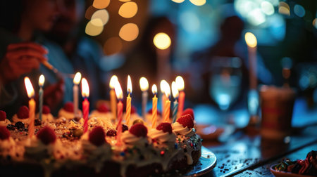 birthday cakes table in party with lights lit on.の素材