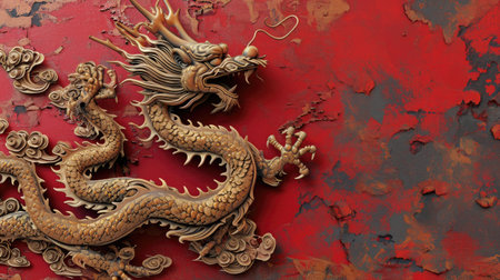 Chinese dragon with swirls on red background, red and gold.の素材