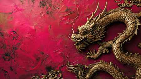 Chinese dragon with swirls on red background, red and gold.の素材