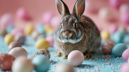 easter holiday background with cute bunny, colorful eggs.の素材