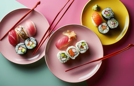four plates featuring sushi sushi with chopsticks.の素材