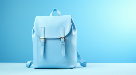 light blue backpack on a blue background.の素材
