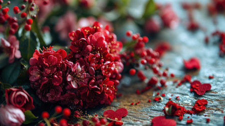 A vivid Valentine's Day scene, heart-shaped blooms.の素材