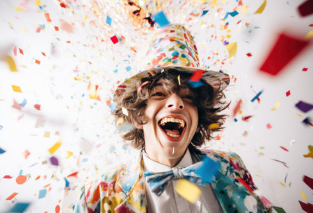 little clown with confetti hat on white background.の素材
