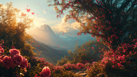 A vivid Valentine's Day scene, heart-shaped blooms.の素材