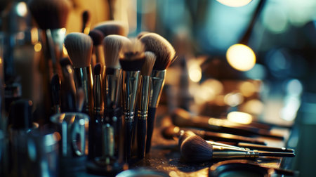 many makeup brush and cosmetics arranged in a row.の素材