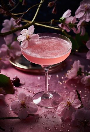 pink cocktail with a green leaf and a flower.の素材
