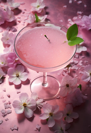 pink cocktail with a green leaf and a flower.の素材
