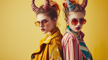 Two Sisters with Horns Hairstyle Strike a Pose in Studio.の素材