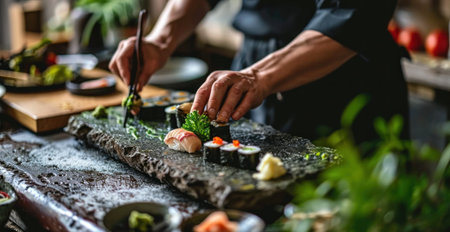 some sushi is being placed on a stone table.の素材