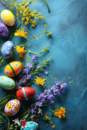 Easter background with lively colors, decorated eggs.の素材