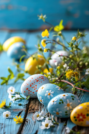 Easter background with lively colors, decorated eggs.の素材