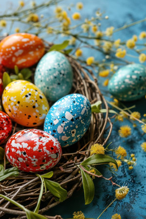 Easter background with lively colors, decorated eggs.の素材