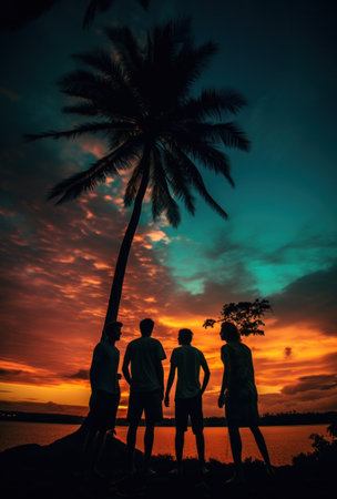 sunset group of people by a palm tree.の素材
