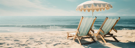 two chairs sit on the beach and have umbrellas on the top.の素材