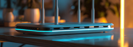 the wifi router with blue lights and smart technology.の素材